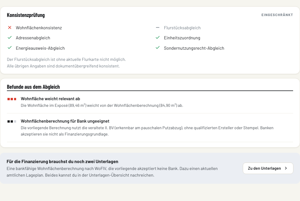 Der dokumentenübergreifende Plausibilitätscheck: Propspector prüft Konsistenz zwischen allen Dokumenten und zeigt kritische Abweichungen.