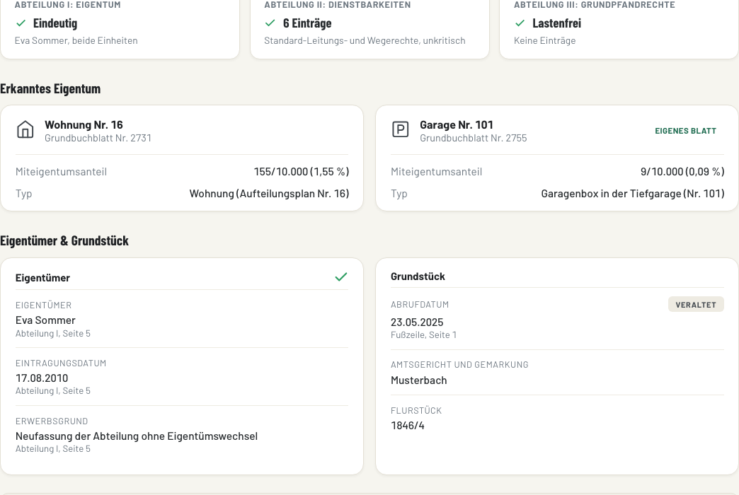 Propspector zeigt dir Abteilung II und III auf einen Blick, Dienstbarkeiten, Eigentumsangaben und Grundstücksdaten übersichtlich aufbereitet.